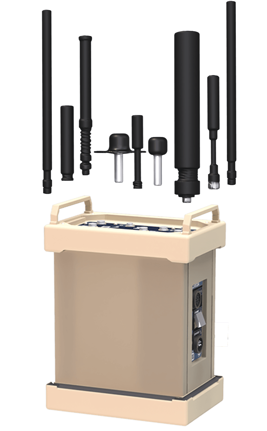 Case #2, the accessory case with its antennas exploded above it